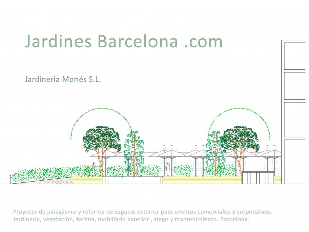 Projecte i disseny de paissatgisme i reforma d'espai exterior per a events. Jardineria, tarima, mobiliari, reg i manteniment. Barcelona
